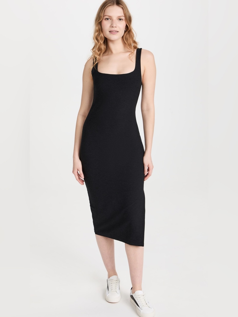 Beyond Yoga Spacedye Icon Midi Dress Built in Bra Stretch Side Slit Grey